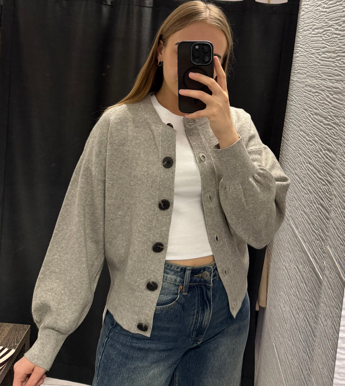 Sweter kardigan z bufiastymi rękawami i okrągłym dekoltem