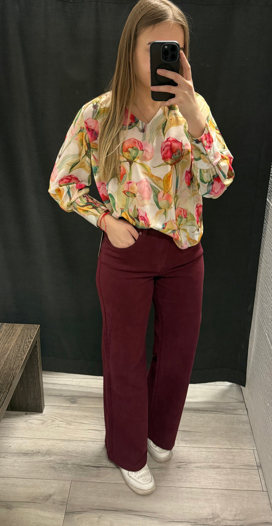 Spodnie jeansowe bordowe z szeroką nogawką